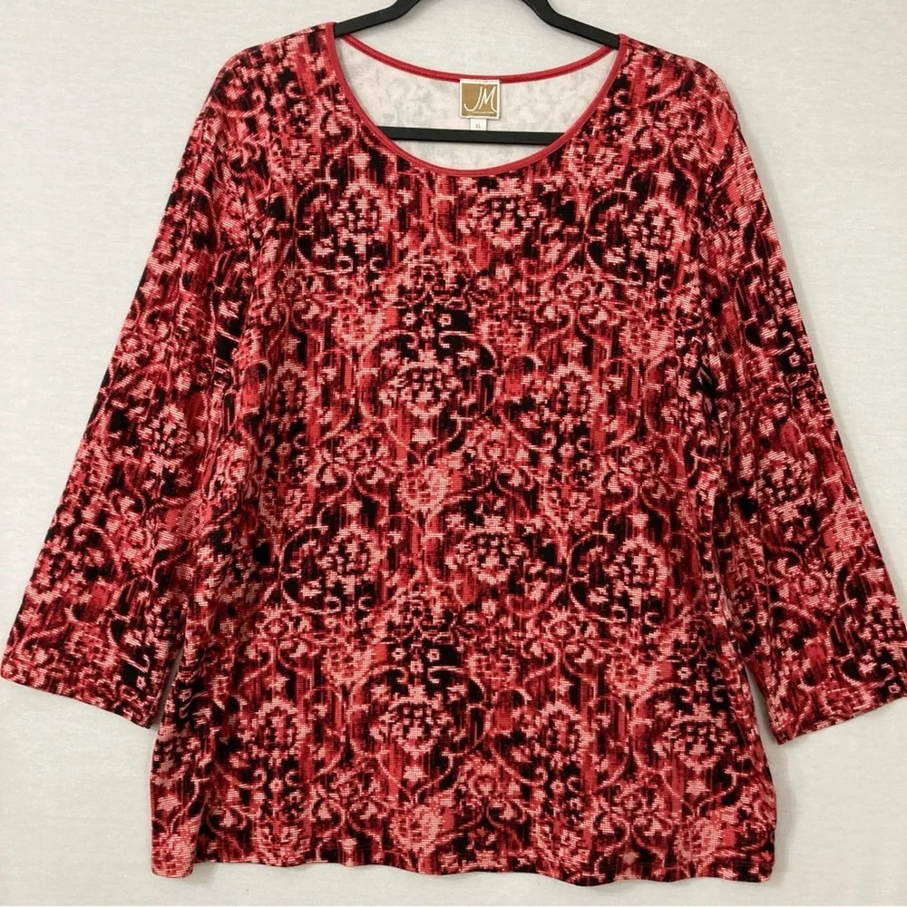 JM Collection Crew Neck Red Black Abstract Print Stretch Pullover Top XLโ
